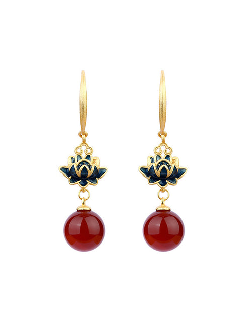 Boucles d'oreilles vintage en alliage de perles rouges en forme de lotus