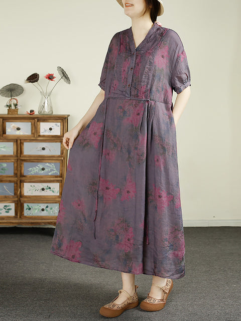 Robe ample à col en V froncé vintage d'été pour femmes