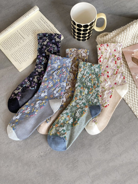 Lot de 5 paires de chaussettes en coton jacquard floral artistique pour femmes