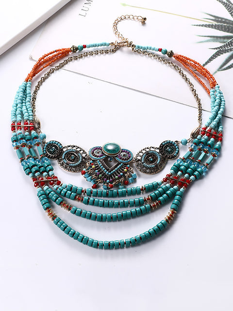 Collier tricoté en alliage de perles multicouches ethnique bohème pour femmes