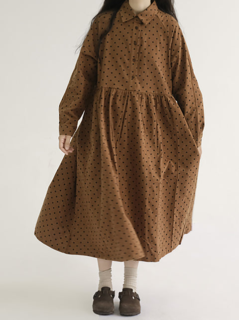 Robe Vintage à Manches Longues Plissée à Pois pour Femmes de Grande Taille