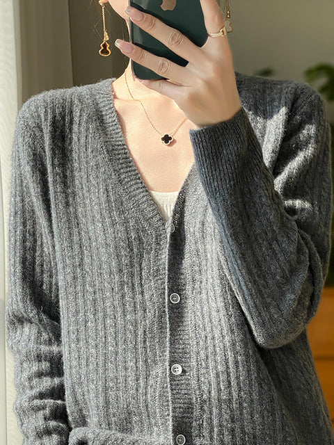 Pull cardigan en tricot à col en V 100 % laine pour femme