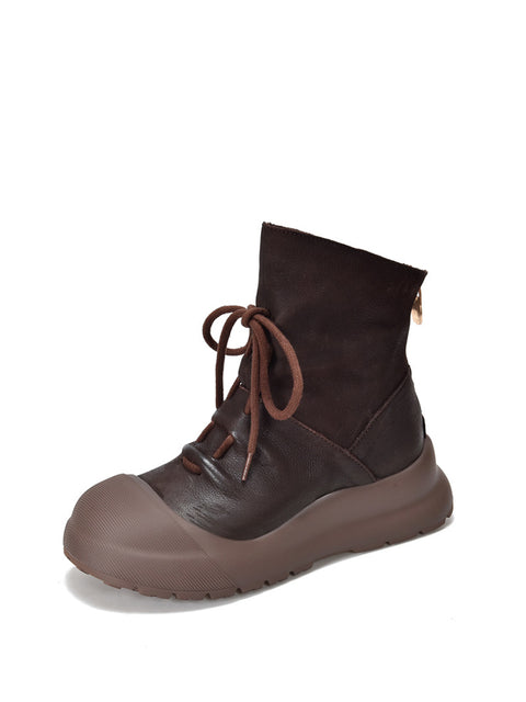 Women Genuine Leather Mid-Heel Martin Boots