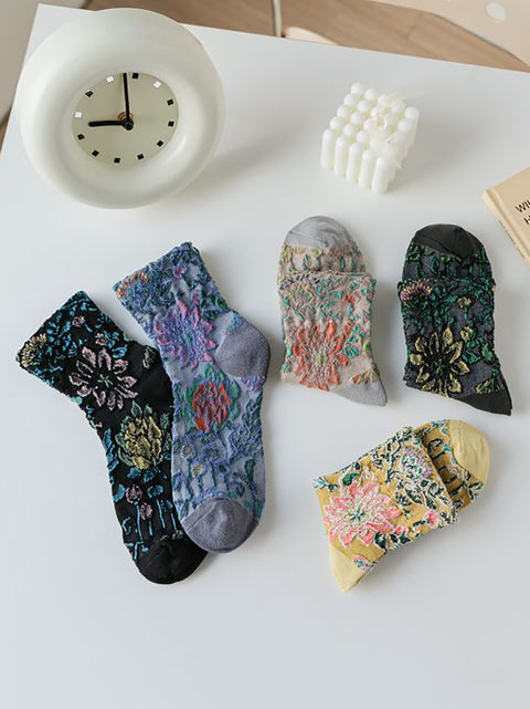 5 paires de chaussettes mi-mollet en jacquard à fleurs vintage pour femmes