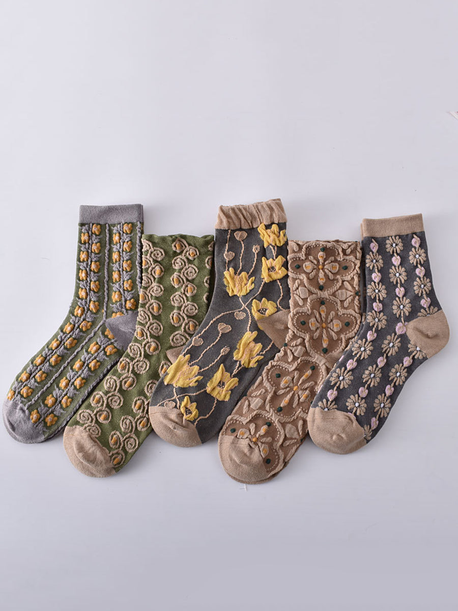 5 paires de chaussettes jacquard à fleurs vintage pour femmes, automne