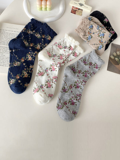 Lot de 5 paires de chaussettes en coton jacquard floral pour femme