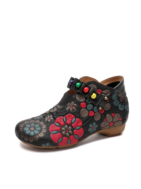 Women Ethnic Flower Embossing Leather Bead Low Heel Shoes