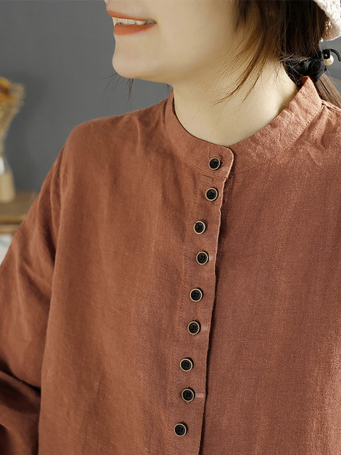 Chemise en lin à col rond et boutons de printemps rétro pour femmes de grande taille