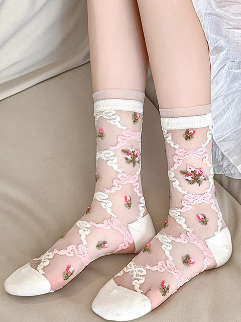 Lot de 3 paires de chaussettes fines mi-mollet en jacquard fleuri artistique d'été