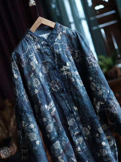 Manteau chemise 100 % lin à fleurs vintage pour femme