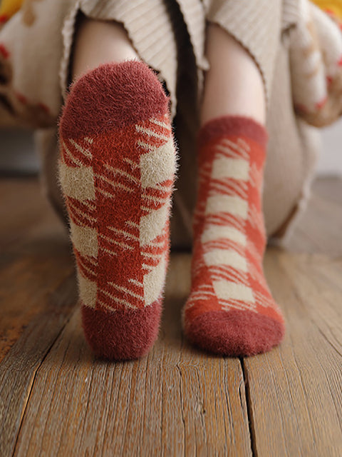 Lot de 5 paires de chaussettes d'hiver en peluche à carreaux pour femmes