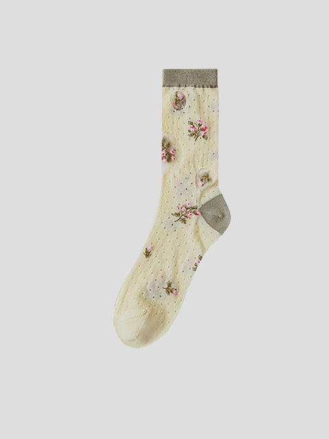 Lot de 3 paires de chaussettes fines mi-mollet en jacquard fleuri artistique d'été