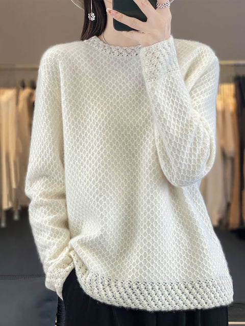 Pull à col rond en laine au crochet pour femme, hiver