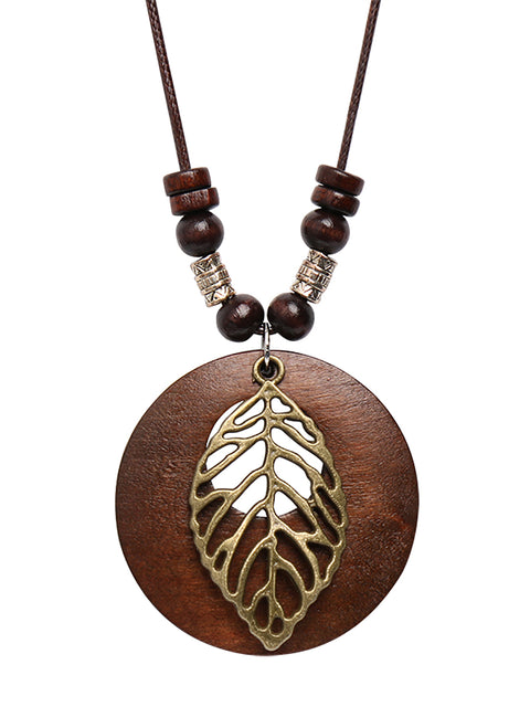 Collier pendentif en bois de feuille d'alliage vintage