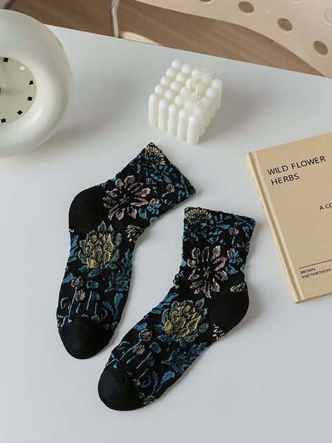 5 paires de chaussettes mi-mollet en jacquard à fleurs vintage pour femmes