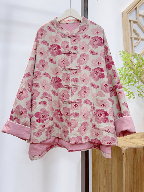 Manteau rembourré rose à imprimé floral rétro pour femme