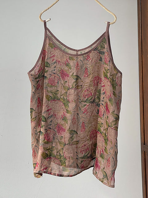 Gilet fin en ramie à fleurs vintage pour femmes de grande taille