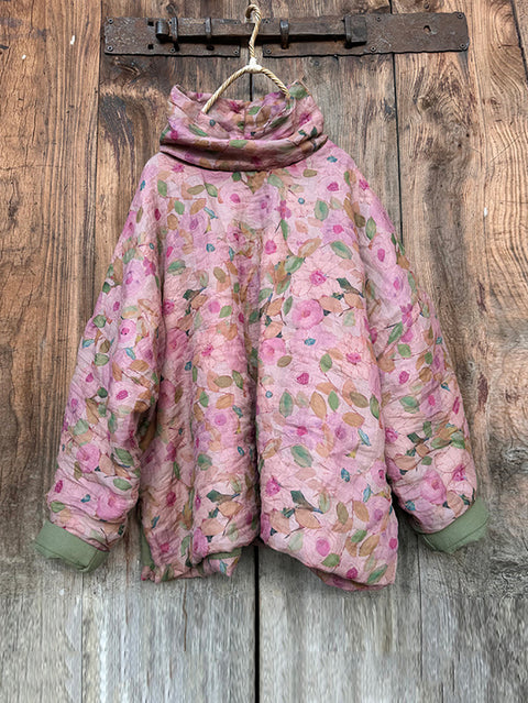 Manteau rembourré en ramie à col rond et fleurs vintage pour femme