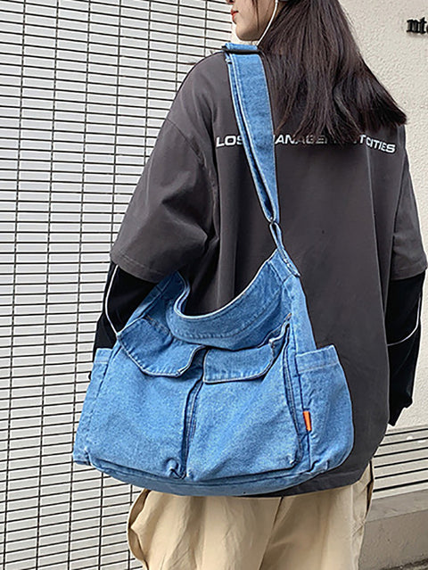 Sac à main vintage en denim uni de grande capacité pour femme