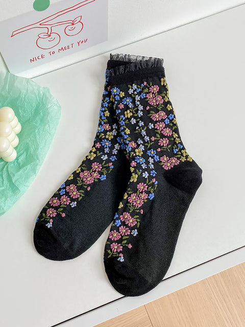 5 paires de chaussettes vintage en dentelle florale pour femmes