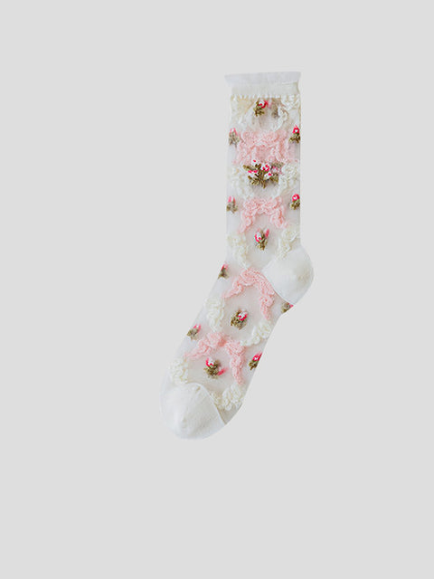 Lot de 3 paires de chaussettes fines mi-mollet en jacquard fleuri artistique d'été