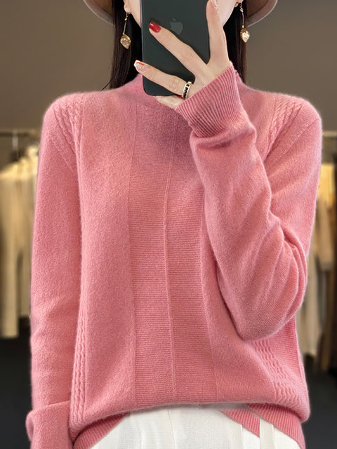 Women Autumn Half-Turtleneck Knit 100%Wool Sweater