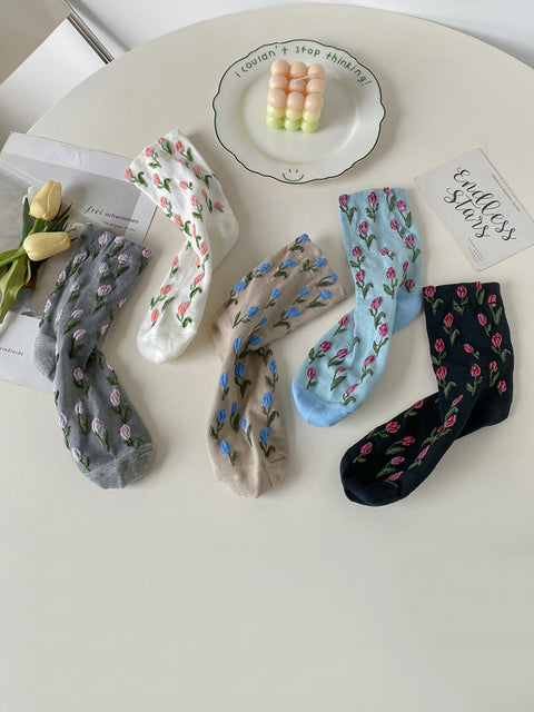 5 Pairs Women Tulip Jacquard Cotton Socks