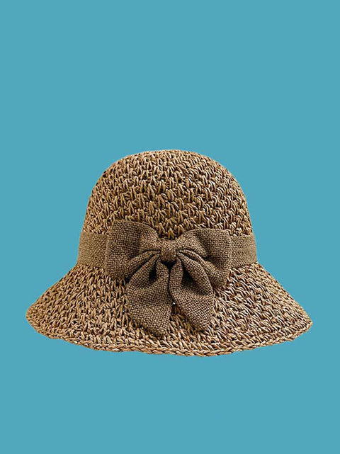 Chapeau de soleil en paille tricoté avec nœud papillon pour femme