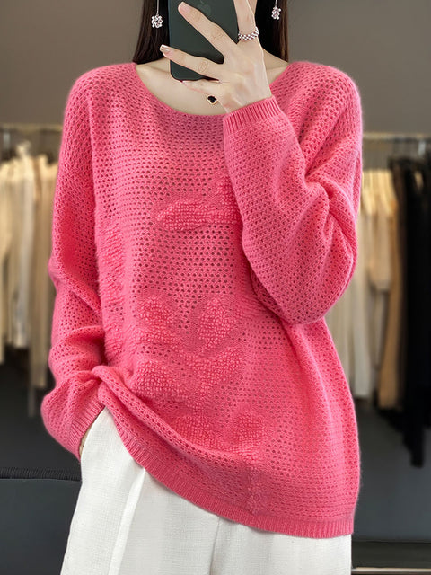 Women Autumn O-Neck Spliced Wool Warm Knit Sweater