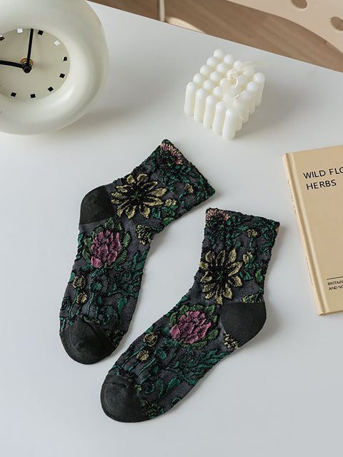 5 paires de chaussettes mi-mollet en jacquard à fleurs vintage pour femmes