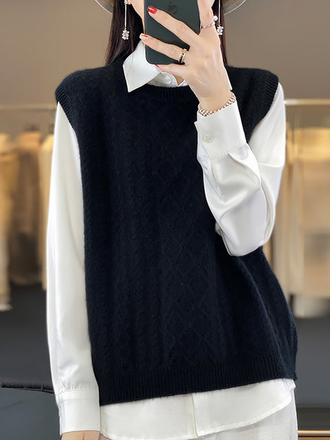 Women Casual Wool O-Neck Twist Knit Vest