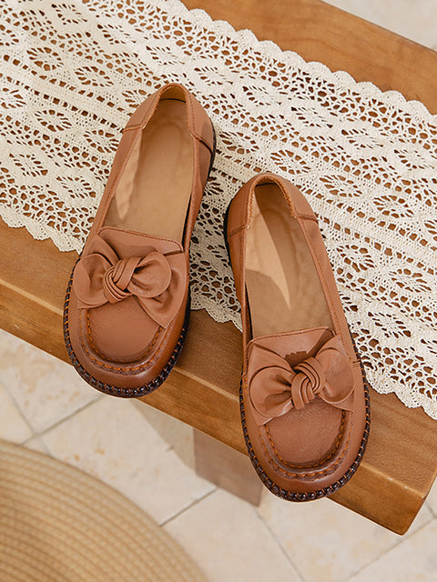 Women Artsy Bowknot Leather Flat Shoes