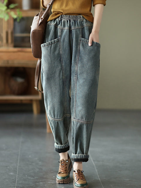 Pantalon rétro doublé polaire en denim épissé pour femmes de grande taille