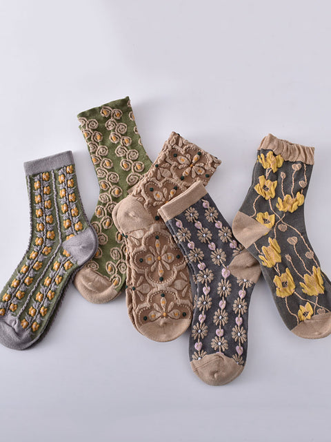 5 paires de chaussettes jacquard à fleurs vintage pour femmes, automne