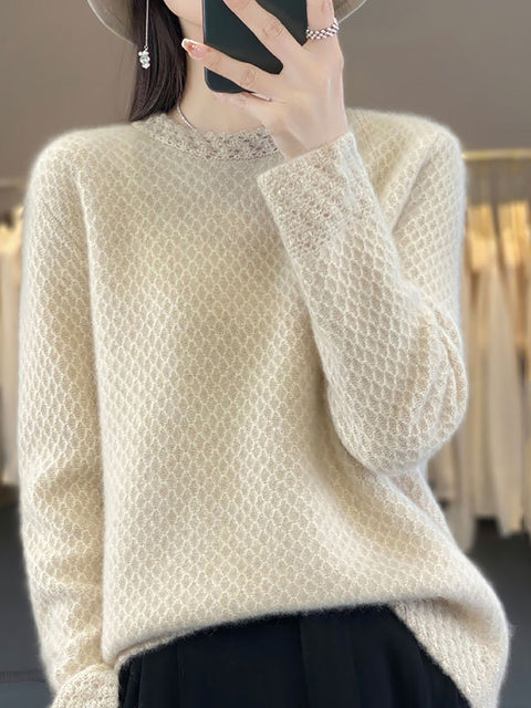 Pull à col rond en laine au crochet pour femme, hiver