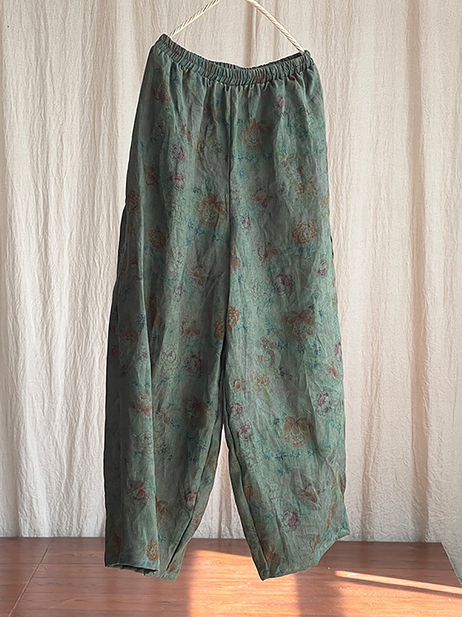 Women Vintage Floral Spring Wide-leg Pants