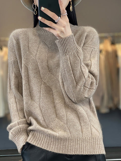 Women Autumn Solid Knit 100%Wool Turtleneck Sweater