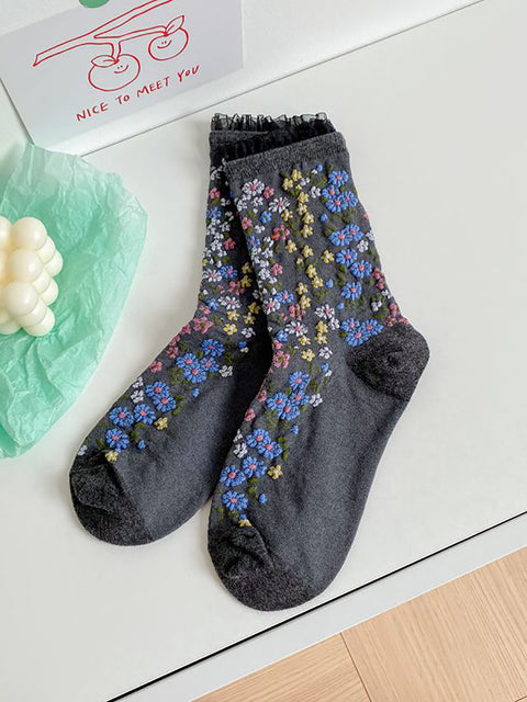 5 paires de chaussettes vintage en dentelle florale pour femmes