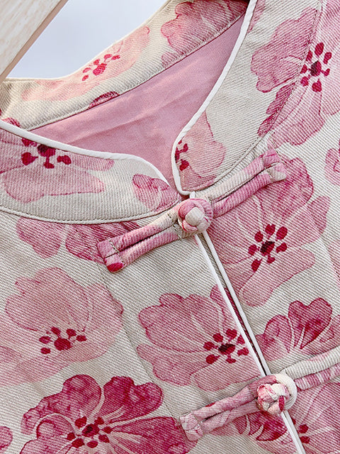 Manteau rembourré rose à imprimé floral rétro pour femme