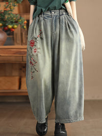 Thumbnail for Women Spring Vintage Flower Embroidery Denim Pants