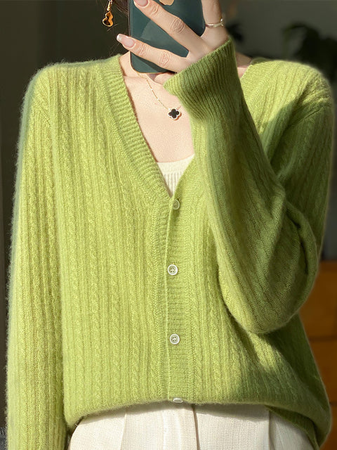 Pull cardigan en tricot à col en V 100 % laine pour femme