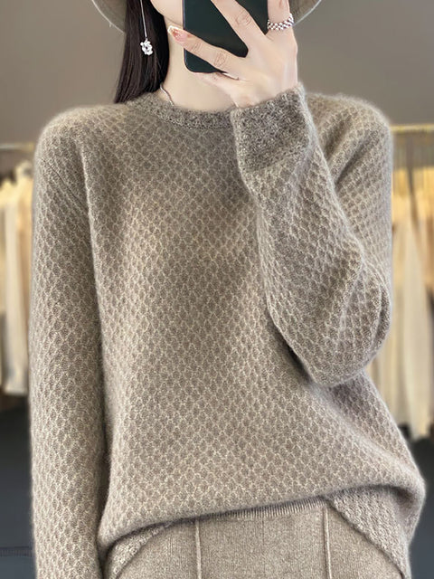 Pull à col rond en laine au crochet pour femme, hiver