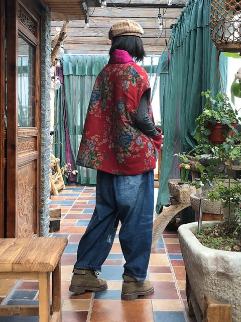 Manteau gilet à col en v épissé à fleurs vintage pour femmes