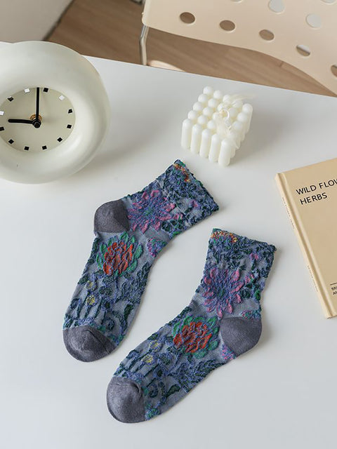 5 paires de chaussettes mi-mollet en jacquard à fleurs vintage pour femmes