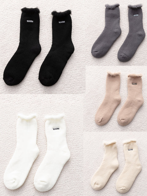 5 paires de chaussettes d'hiver en coton uni pour femmes, doublées de polaire