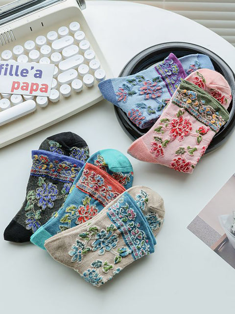 5 paires de chaussettes en coton jacquard floral vintage pour femmes