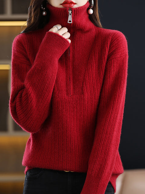 Women Autumn Zipper Knit 100%Wool Turtleneck Sweater