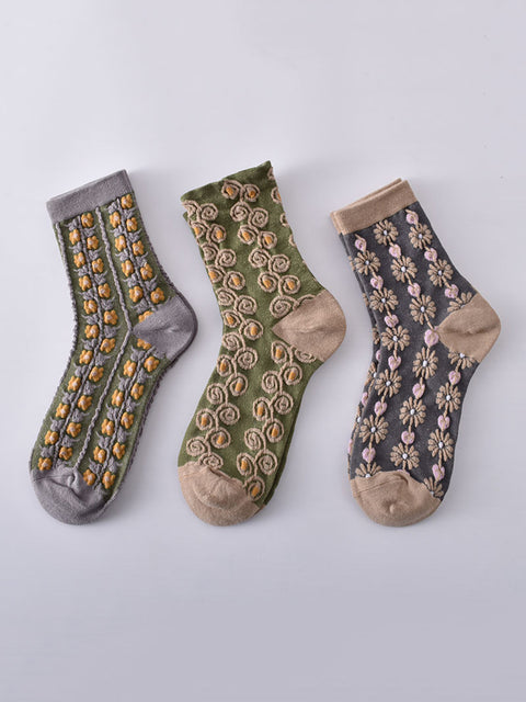 5 paires de chaussettes jacquard à fleurs vintage pour femmes, automne