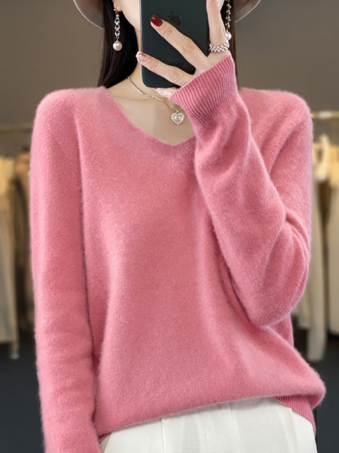 Pull en tricot à col en V de couleur unie pour femme