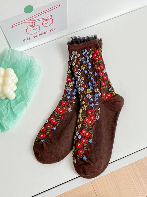 5 paires de chaussettes vintage en dentelle florale pour femmes